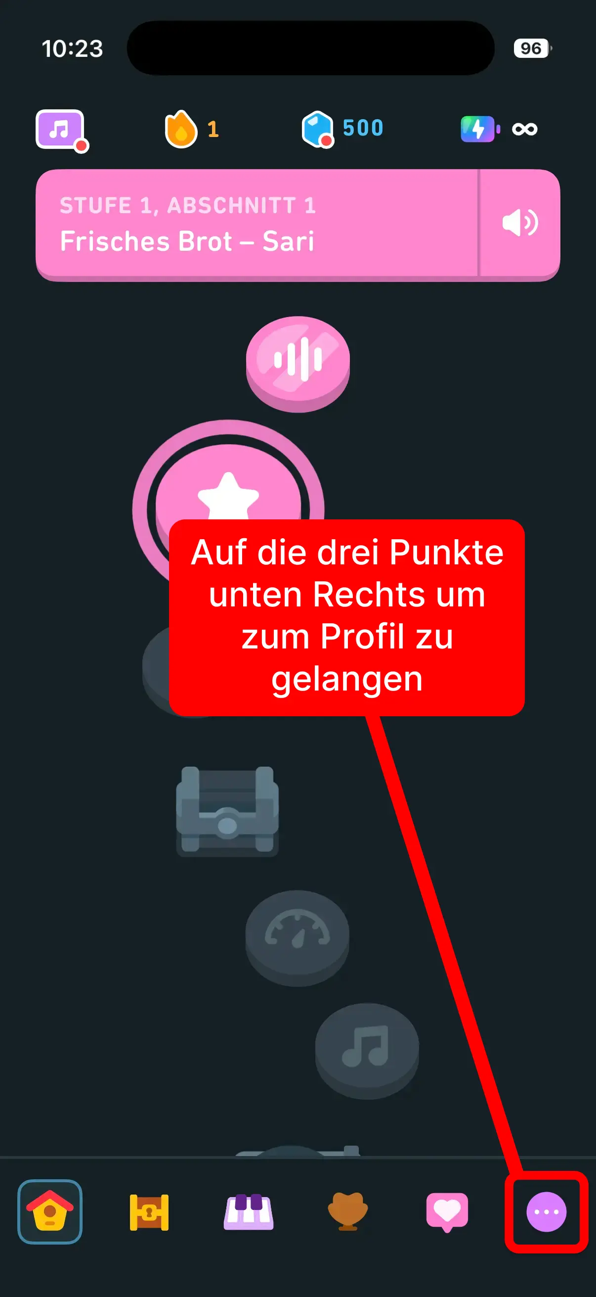 Duolingo app with highlighted three-dot menu at the bottom right.