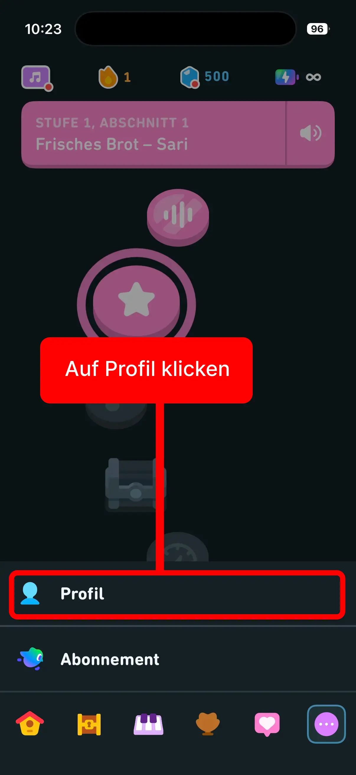 Duolingo app with highlighted profile entry.