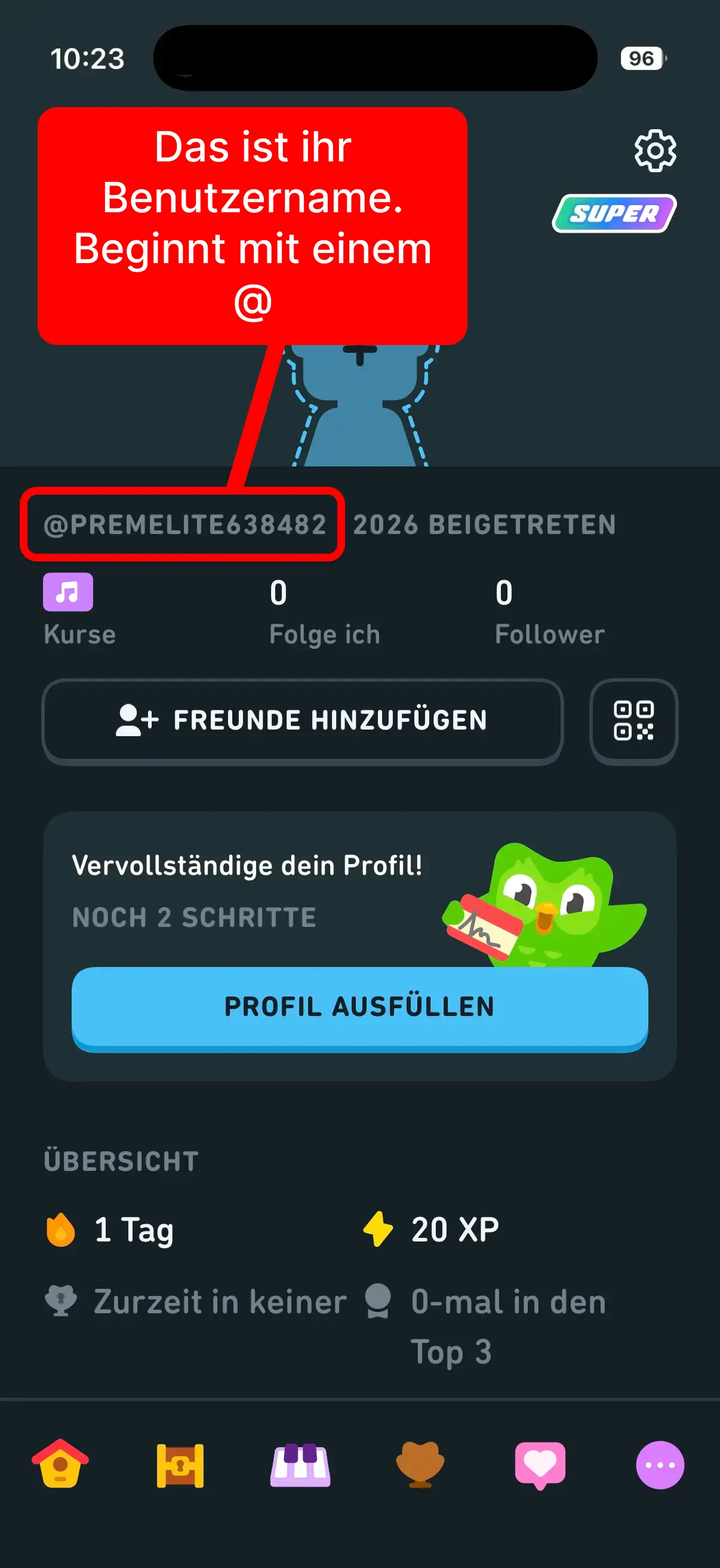 Duolingo profile with highlighted username.